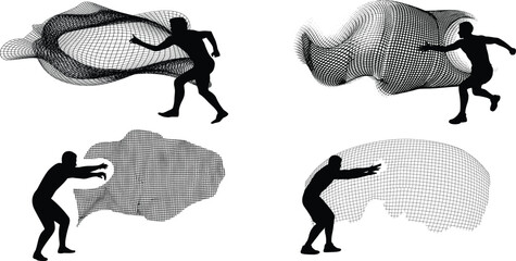 Silhouette illustration of human figures interacting with abstract mesh waves, digital art concept, motion capture, futuristic design, technology and creativity visualization © Rina