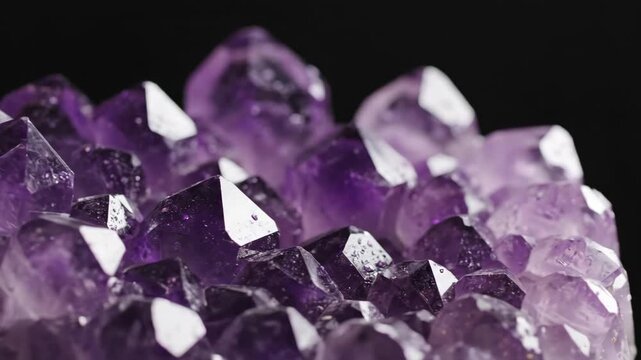 Macro view of beautiful vibrant purple amethyst crystals forming a natural geological mineral specimen