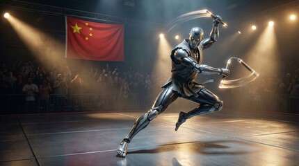 Dynamic fight scene with humanoid robot china action illustration energetic arena dramatic angle