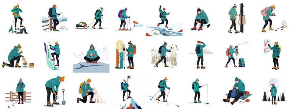 Winter outdoor activities vector illustration set, featuring people enjoying various adventures like hiking, skiing, ice fishing, and camping in cold landscapes.