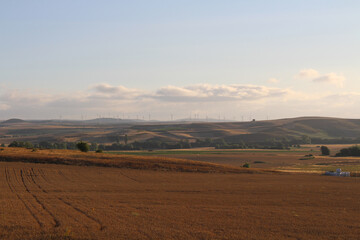 Obraz premium asphalt road from Ages toward Atapuerca, prehistoric site sign visible, July 2024