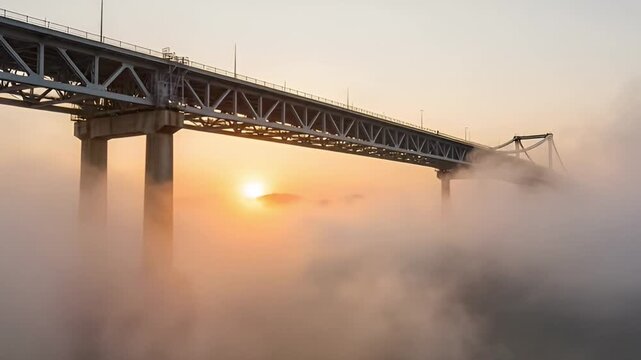 Suspension bridge silhouette against sunset sky with mist