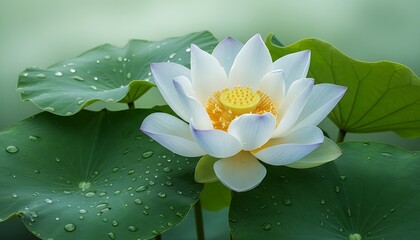 Beautiful White Water Lily Flower Blooming On Green Leaf Surface