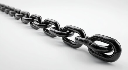 Obraz premium Close-up of a long, black chain, sharply angled across a clean white backdrop
