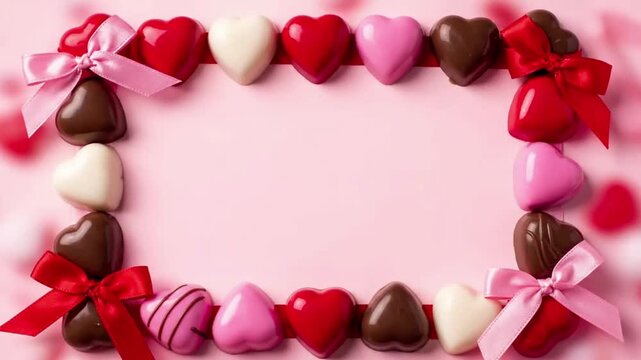 Valentine's Day heart-shaped chocolate border with pink bows on pink background