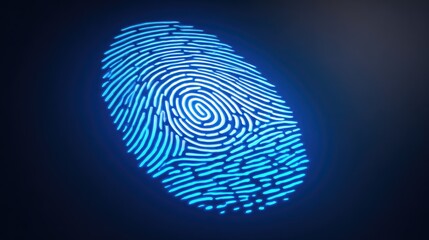Glowing blue digital fingerprint pattern illuminates a dark background symbolizing identity and security
