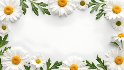 Fototapeta premium A delicate border frame of white and yellow daisies arranged as a fresh floral design on a natural spring background