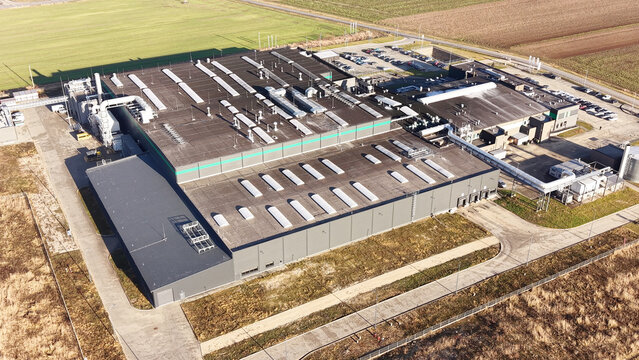 Aerial drone view of secure AI data center