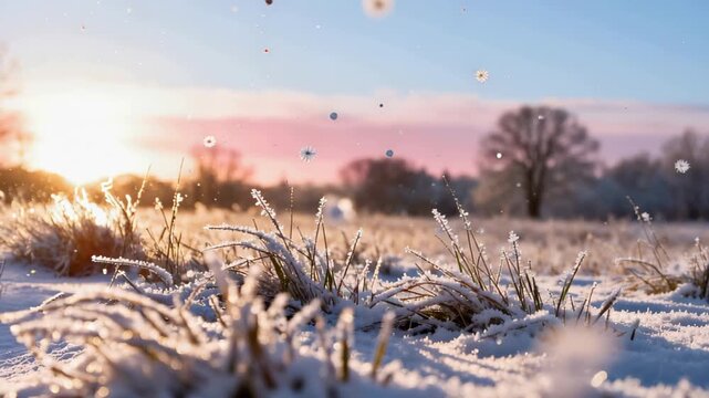 Crisp Dawn Meadow Landscape with Gentle Snowfall and Sunlight