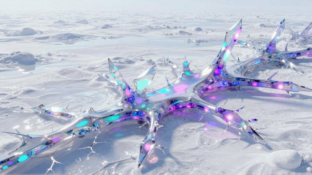 A futuristic underwater scene with purple and blue lights illuminating a sandy ocean floor