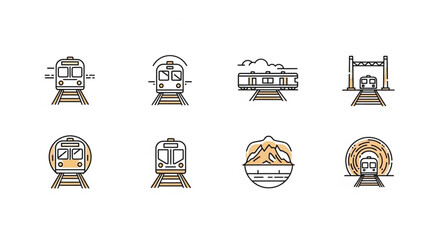 Collection of stylized train icons and illustrations. © Dolari
