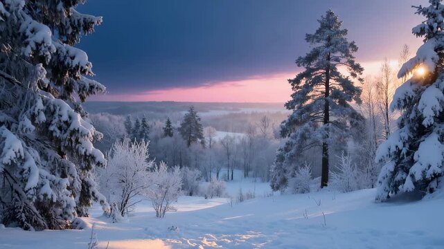 Beautiful Snowy Countryside Forest Landscape in a Cold Winter Morning