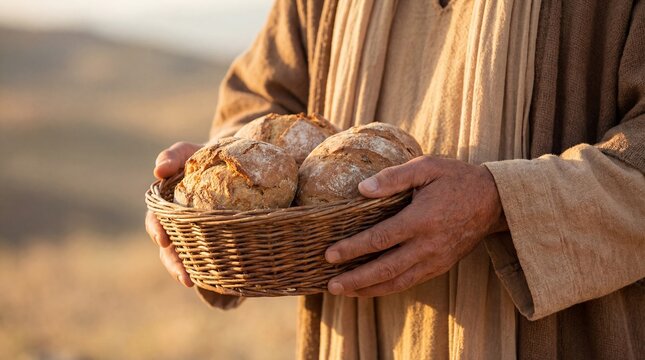 Man with a beard holding a basket with bread. Religious concept of sharing food inspired by Jesus Christ. Christianity, Bible study.