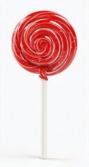 A spiral red lollipop with white stripes on a white stick against a clean background