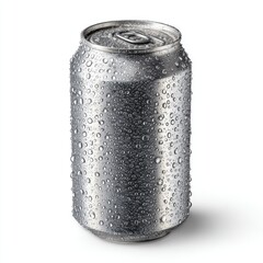 Metallic beverage container covered in water droplets on white background