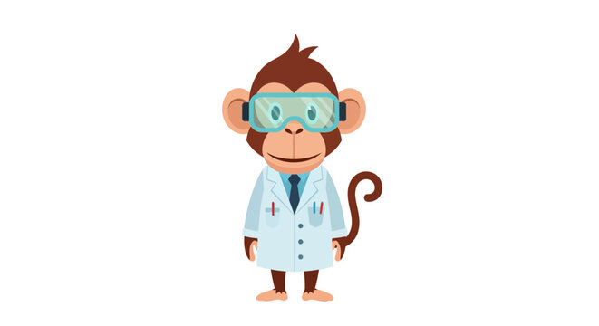 Cute cartoon monkey dressed as a scientist with lab coat and safety goggles.