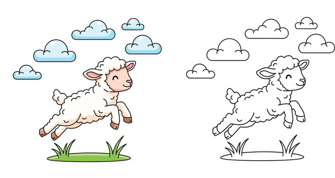 Cute cartoon sheep jumping on grass with clouds vector illustration including black and white outline for coloring book page isolated on white background