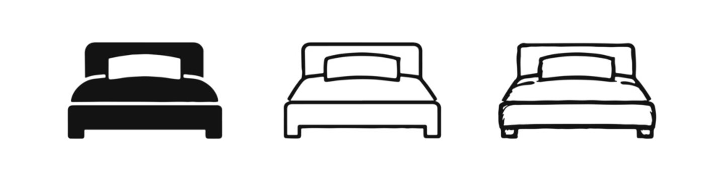 Bed icon set in solid, outline, and hand-drawn doodle styles.