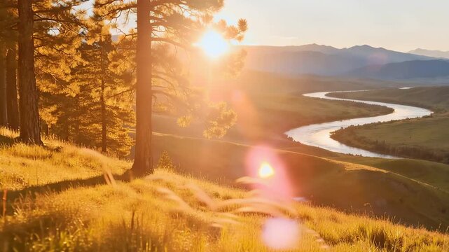 Golden Sunlight Over a Serene Wilderness Landscape