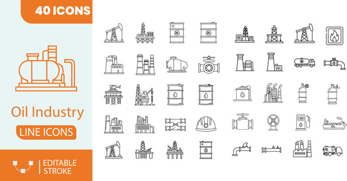 Oil industry line icons set, collection of petroleum production outline pictograms