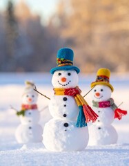 Fototapeta premium Three snow figures with hats and scarves standing in a snowy field, daytime