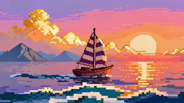 Enchanting Pixel Art Seascape with Sailboat and Distant Peaks at Sunset