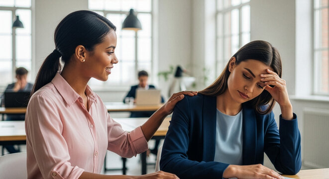 Two women supporting each other in office setting one comforting the other