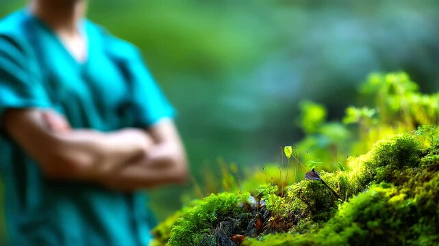 Defocused medical worker in green scrubs on moss wall background, blurred healthcare staff uniform, advertising photography, natural botanical backdrop, professional services