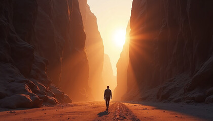 Person walking through narrow canyon during sunset with vibrant light illuminating rocky walls. Journey through natural landscape creates sense of adventure and personal reflection.