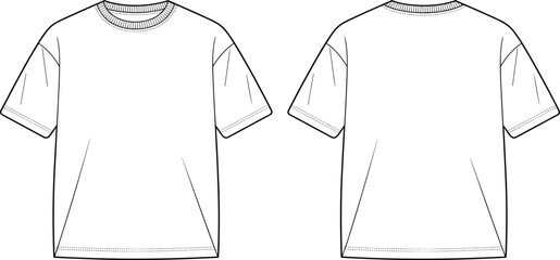 Short sleeve t-shirt technical flat sketch front and back view, clean vector fashion cad design template for apparel drawing, cad drawing flat vector illustration