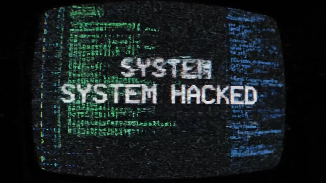 Glowing green and blue computer code on a black background with SYSTEM HACKED text
