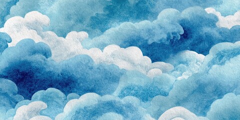 Watercolor painting of fluffy, billowing clouds in varying shades of blue and white