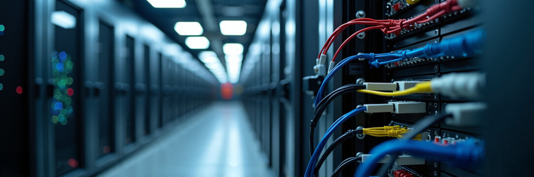 Modern data center with network cables connected to servers along illuminated corridor showcasing advanced technology.
