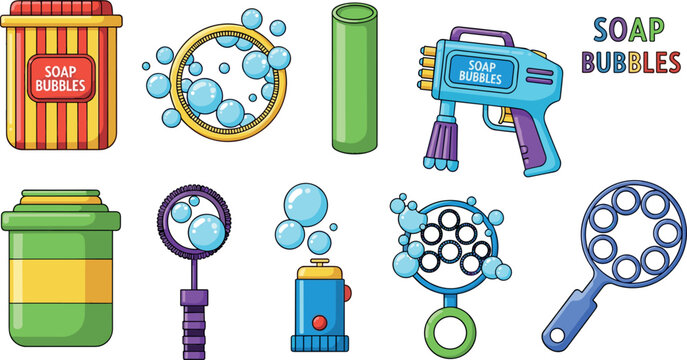 Set of soap bubbles toys including bubble gun colorful wands solution bottles and floating bubbles flat vector illustration