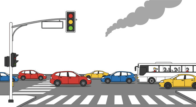 Traffic Jam with Cars, Bus, and Traffic Lights in Urban Environment