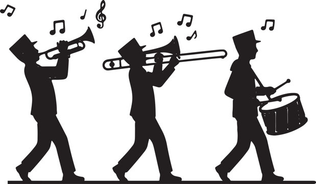 Silhouette of marching band musicians playing instruments  trumpet trombone drum