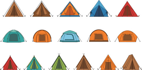 Camping Tent Vector Icon Set with Various Dome, Teepee, and A-Frame Styles for Outdoor Adventure © MstRanzina