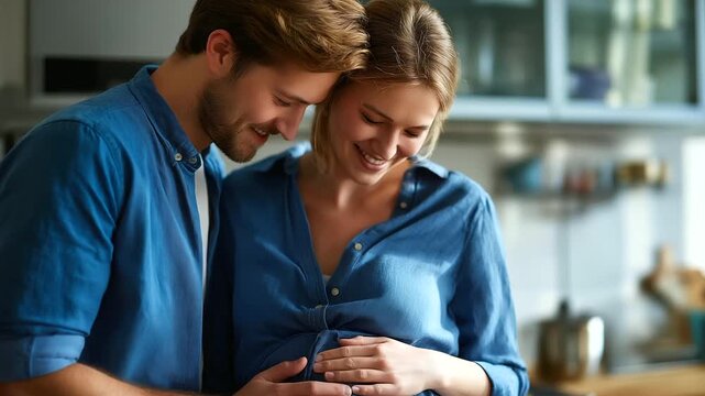 Faceless couple in blue shirt touching pregnant belly in kitchen, happy maternity moment at home, prenatal wellness lifestyle, expecting parents bonding, domestic pregnancy scene,