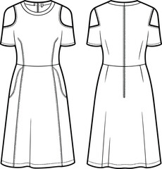 Cold shoulder midi dress with pockets, front and back flat sketch, stylish casual outfit, technical CAD vector fashion illustration
