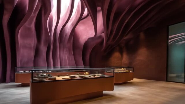 Modern interior design with curved ceilings and display cases