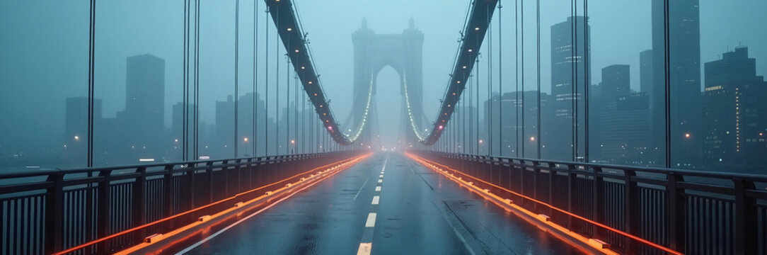 Foggy urban scene with illuminated bridge and city skyline in background. The perspective of the bridge creates a captivating view with glowing lights on the road,