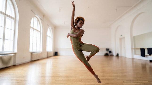 Powerful black woman dancer performing an expressive jump in a light-filled dance studio