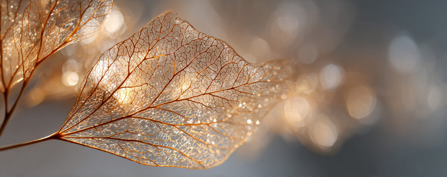 Macro delicate gold-tinted leaf veins, gentle gray gradient bokeh behind 32k ultra HD