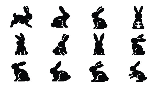 Easter bunny silhouettes black rabbit icons logo set 12 different poses white background easter theme graphics