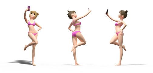 Fototapeta premium 3D stylized female character taking a selfie in pink bikini, three views set - transparent background