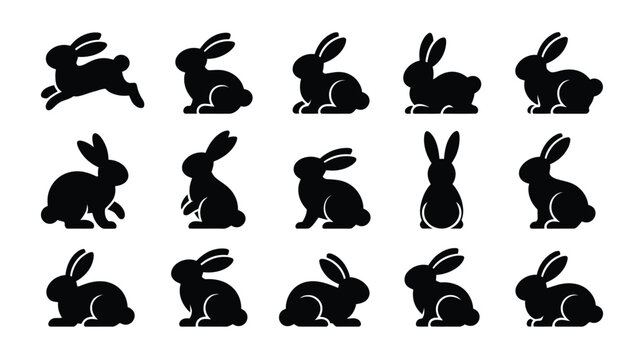 Black easter rabbit silhouettes bundle 14 different poses white background easter decoration elements vector graphics icons