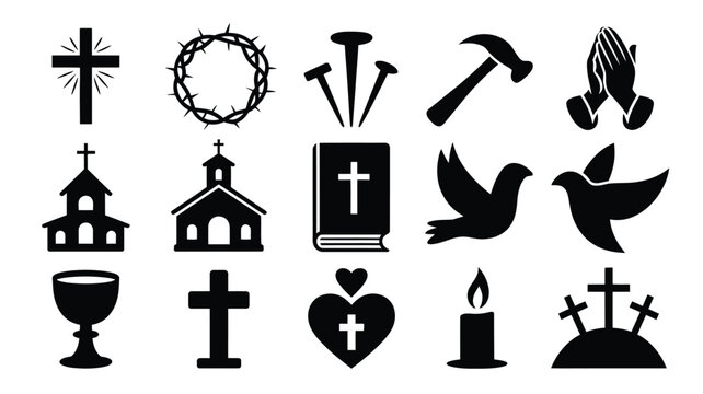 Christianity symbols icons set including cross church bible heart with cross candle and dove on white background for good friday or easter