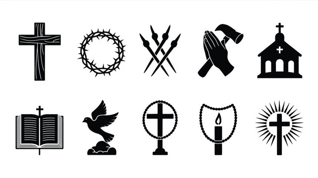 Good friday religious symbols and icons including crosses church crown of thorns and holy book on white background for easter and lent celebrations