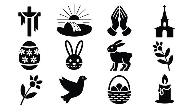 Easter sunday silhouette logo bundle with religious and festive icons including cross egg bunny and church for holiday designs and decorations
