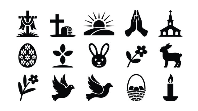 Easter sunday silhouette icon bundle with religious symbols easter eggs bunny lamb and spring flowers on white background